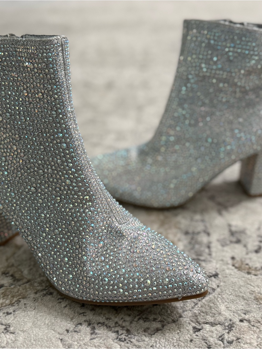 Women’s Sparkly Silver Rhinestone Ankle Boots Block Heel Pointed Toe